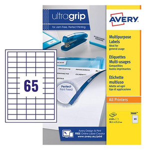 CW Office Avery Multipurpose Label 38x21.2mm 65 Per A4 Sheet White, sheet of 65 white labels with grid design for easy customization and printing used for various office purposes.