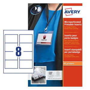 CW Office Avery Name Badge Insert 86mm x 55mm 160gsm White, 200 labels on 25 sheets for custom badge holders, microperforated printable inserts for professional identification badges.