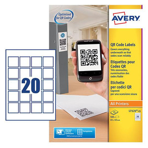 CW Office Avery QR Code Label 45x45mm 20 Per A4 Sheet White Pack 500 Labels, product packaging with example QR code, in-office setting showing QR scanning device, highlighting label size and quantity.