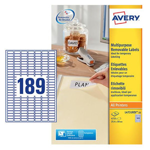 CW Office Avery Multipurpose Mini Removable Label 25.4x10mm 189 Per A4 Sheet White, organized sheet of 189 adhesive removable labels with blue grid layout for easy alignment.