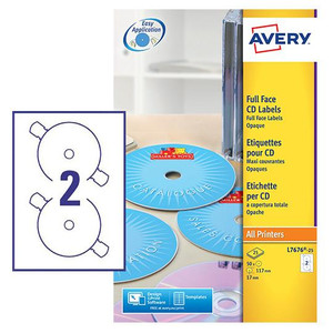 Product CW Office Avery Full Face CD/DVD Matt Label 117mm Diameter 2 Per A4 Sheet White (Pack 50 Labels), close-up of packaging showing the yellow and white label box and a sample label layout with two CD labels.