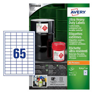 CW Office Avery Ultra Resistant Labels 38 x 21 mm Permanent, 65 Labels Per Sheet, 3250 Labels Per Pack, B7651-50, with a grid showing quantity and labels on packaging.