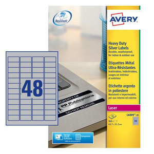 CW Office Avery Laser Heavy Duty Label 45.7x21.2mm 48 Per A4 Sheet Silver, product packaging with a sheet of labels, description of durable, weatherproof silver labels for indoor and outdoor use.