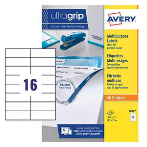 CW Office Avery UK Multipurpose Labels Ultragrip 105 x 37 mm White, image of a pack containing 100 white labels with grid lines for easy printing and application.
