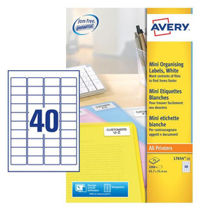 CW Office Avery Laser Mini Label 45.7x25.4mm 40 Per A4 Sheet White (Pack 1000 Labels), image showing the product packaging with a label sheet and a workspace with office supplies.