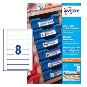 CW Office Avery UK Removable Tray & File Labels, pack of 64 white labels measuring 155 x 35 mm with colorful designed tabs for organizing folders.