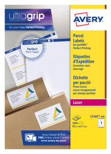 CW Office Avery Laser Parcel Label 99x67.7mm 8 Per A4 Sheet White, pack of 2000 labels with product packaging showing labels on parcels and the Avery logo.