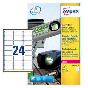 CW Office Avery Laser Heavy Duty Label 63.5 x 33.9mm 24 Per A4 Sheet White, product packaging showing labels and a label applicator device.