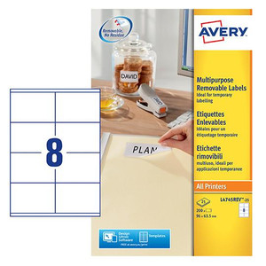 CW Office Avery Multipurpose Mini Removable Label 96x63.5mm 8 Per A4 Sheet White (Pack 200 Labels) L4745REV-25, image of sheet with 8 labels per sheet, adhesive removable labels ideal for temporary labeling.