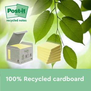Post-it Recycled Z-Notes 76x76mm 100 Sheets Per Pad PEFC Canary Yellow, a pack of yellow sticky notes with eco-friendly recycled cardboard packaging, eco-conscious product branding surrounded by green leaves.