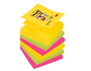 Post-it Post-It Super Sticky Z Notes Carnival Colours 76x76mm 90 Sheets (Pack 6), stack of colorful yellow, green, pink, and yellow notes.