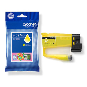 Brother LC-527XLY Yellow Ink Cartridge High-capacity (2,000 pages), product image showing the yellow ink cartridge and packaging for the Brother printer ink supply.