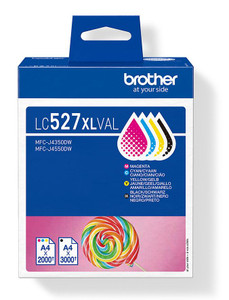Brother LC-527XLVAL 4 Colour Ink Cartridge Pack High-capacity, front view of the ink cartridge packaging with colorful ink droplet illustration and a lollipop design, suitable for A4 paper printing.