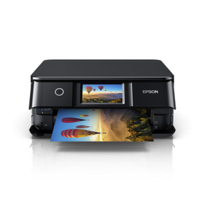 Epson Expression Photo XP-8700 Colour Inkjet Wireless All-in-One Printer, modern black wireless printer with a color display screen printing a vibrant image of hot air balloons over a landscape.