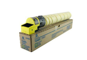 Konica Minolta TN-626 Yellow Toner Cartridge (ACV1250), yellow toner cartridge placed on top of its packaging box.