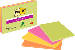 Product CW Office Post-it® Super Sticky Meeting Notes Assorted Neon Colours 203 mm x 152 mm, 45 Sheets/Pad, 4 Pads/Pack, colorful neon sticky notes with PEFC certification.