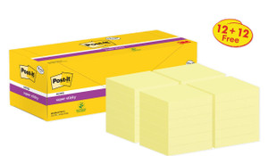 Product CW Office Post-it® Super Sticky Notes Canary Yellow 76 mm x 76 mm Promo Pack 90 Sheets/Pad 12 + 12 FREE Pads/Pack Cardboard Pack 100% PEFC SGSCH-PEFC-COC, showing a box of bright yellow sticky notes with the label highlighting the 12+12 free offer.
