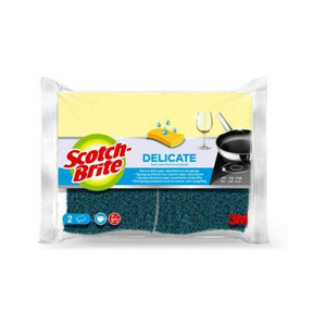 CW Office Scotch-Brite® Delicate Non-Scratch Cellulose Scrub Sponge 2 pieces in pack, product packaging featuring a sponge with illustrations of a glass, sponge, and pan.