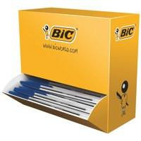 CW Office BIC Cristal Blue Medium Ballpoint Pen Pack of 100, yellow and blue pen display box with multiple pens inside.