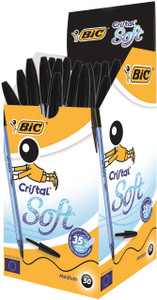 Product CW Office BIC Cristal Soft Ball Pen Black Medium Pack of 50, pack of 50 black ball pens with soft grip, smooth writing, made in France, and suitable for office and school use.