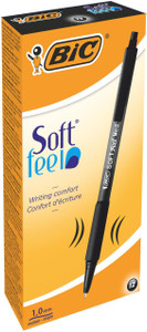 CW Office BIC Soft Feel Clic Retractable Ballpoint Pen Black Pack of 12, packaging with a black pen and orange and white design, featuring the BIC logo and product details.