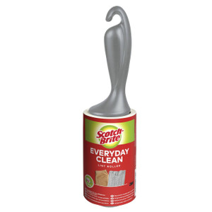 Product CW Office Scotch-Brite Everyday Clean Lint Roller 30 Sheets 1/Pack, gray lint roller with a handle on a red and green cylindrical container.