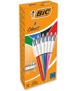 CW Office BIC 4 Colours Assorted Shine Ballpoint Pens Pack of 12, vibrant multi-colored ink pens with white bodies and color-coded caps, ideal for writing and highlighting in various colors.