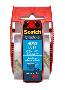 Product CW Office Scotch® Heavy Duty Packaging Tape Transparent 48 mm x 20 m 1 Roll in Hand Dispenser/Pack, with a red plastic dispenser holding a transparent tape roll lettering and branding.