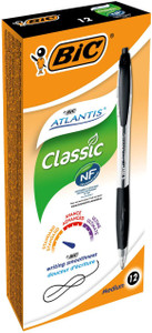 CW Office BIC Atlantis Black Retractable Ballpoint Pen Pack of 12, black and silver pens with a rubber grip, shown in retail packaging.