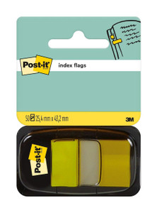 CW Office Post-it® Index Flags Medium Yellow 25.4 mm x 43.2 mm, 50 Flags per Dispenser, packaged in a clear plastic case. The packaging features the Post-it brand logo and an illustration of a notepad with index flags.