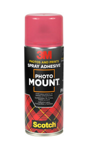 3M Scotch® PhotoMount Adhesive Spray, 400 ml can, used for affixing photos and prints, featuring a pink cap and black and red label with yellow accents.