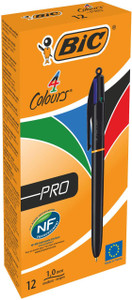 CW Office BIC 4 Colours Black Barrel Pro Ball Pen Pack of 12, packaging featuring a black pen with colored ink indicators, vibrant orange, green, blue, red, and black design elements, and certification logos.