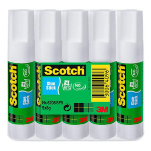 Product CW Office Scotch® Permanent Glue Stick 5 Sticks 8 g, image of five white glue sticks wrapped together in packaging with green and yellow labels.