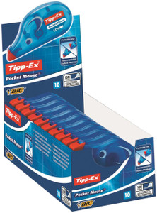 CW Office Tipp-Ex Pocket Mouse Correction Tape Roller Pack of 10, blue correction tape rollers with protective caps in a blue and red packaging box.