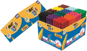 CW Office BIC Kids Visa Felt Tip Colouring Pens Assorted Colours Pack of 288, featuring a large box filled with various colored felt tip pens for children craft and coloring activities.