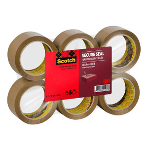 CW Office Scotch® Secure Seal Packaging Tape Brown 50 mm x 66 m, 6 Rolls/Pack, with a red label indicating durable hold and secure sealing, photograph of rolls of adhesion tape.