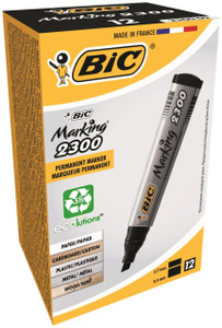 CW Office BIC 2300 Permanent Marker Chisel Tip Black Pack of 12, box packaging with a marker shown on the front and eco-friendly recycling icon.