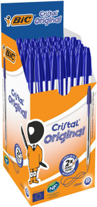 CW Office BIC Cristal Blue Medium Ballpoint Pen Pack of 50, blue pens arranged in a display box with a cartoon character and text highlighting features.
