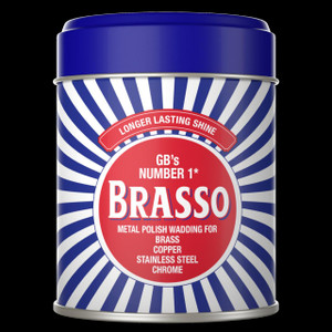 CW Office Brasso Wadding (SRP) 75g product container, metal polish wadding for brass, copper, stainless steel, and chrome with a blue and red label.