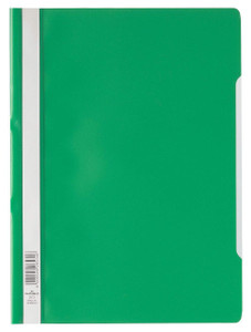 CW Office Durable Clear View A4 Folder Green, green transparent view folder with binding and white tab for organizing documents.