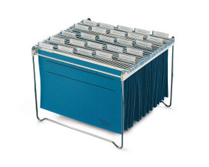 CW Office Durable Metal Suspension Rack A4+ for organizing document files, with multiple metal file holders and a blue board for labels.