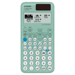 Product CW Office Casio FX-85GTCW+ Scientific Calculator Green, showing its display with various mathematical functions and a keypad with white buttons in a green casing.