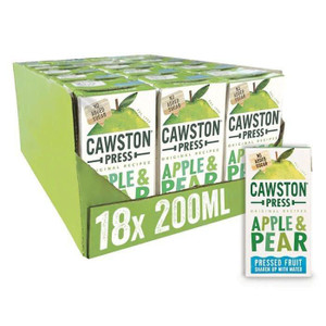 CW Office Cawston Press Apple & Pear Juice, a pack of 18 cartons of 200ml each with apple and pear illustrations, no added sugar label, and pressed fruit, shaken with water.