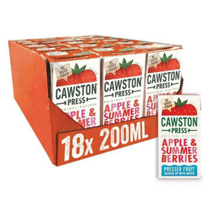 Cawston Press Apple & Summer Berries Juice, 18-pack of 200ml cartons with strawberry and berry illustrations on the packaging.