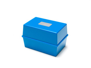 CW Office Deflecto Essentials Range 6x4" Index Card Box - Blue, a compact blue plastic storage box designed for organizing index cards.