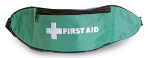 CW Office Click Medical Small First Aid Bum Bag, green first aid kit pouch with a white cross and the words 'FIRST AID' on it.