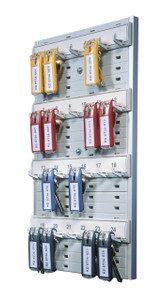 CW Office Durable Key Organisation Board 24, white wall-mounted key holder with multiple hooks holding colorful keys in yellow, red, blue, and black, organized on labeled hooks.