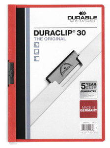 CW Office Durable DURACLIP 30 A4 Folder Red (25), product packaging showing a red binder with a DURACLIP mechanism for securing paper