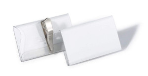 CW Office Durable Crocodile Clip Badge 40x75mm (25), clear plastic badge holder with metal crocodile clip for secure attachment.