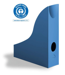 CW Office Durable ECO Magazine Rack Blue, sturdy blue plastic magazine holder with a curved design and round hole for easy access.